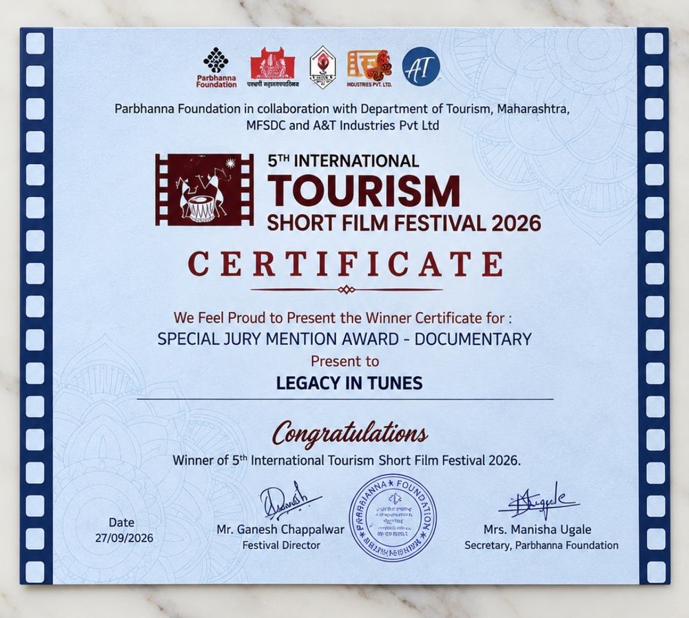 5th International Tourism Short Film Festival 2026 award certificate for Legacy in Tunes