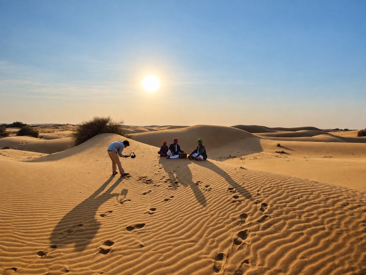 Field research visit at sunset in the Rajasthan desert